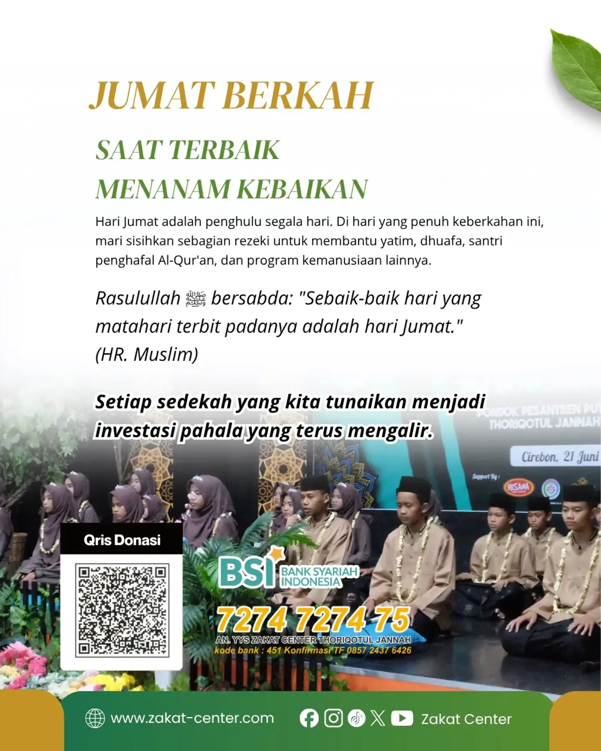 Poster Sedekah Jumat untuk yatim, dhuafa, dan santri penghafal Al-Qur'an.