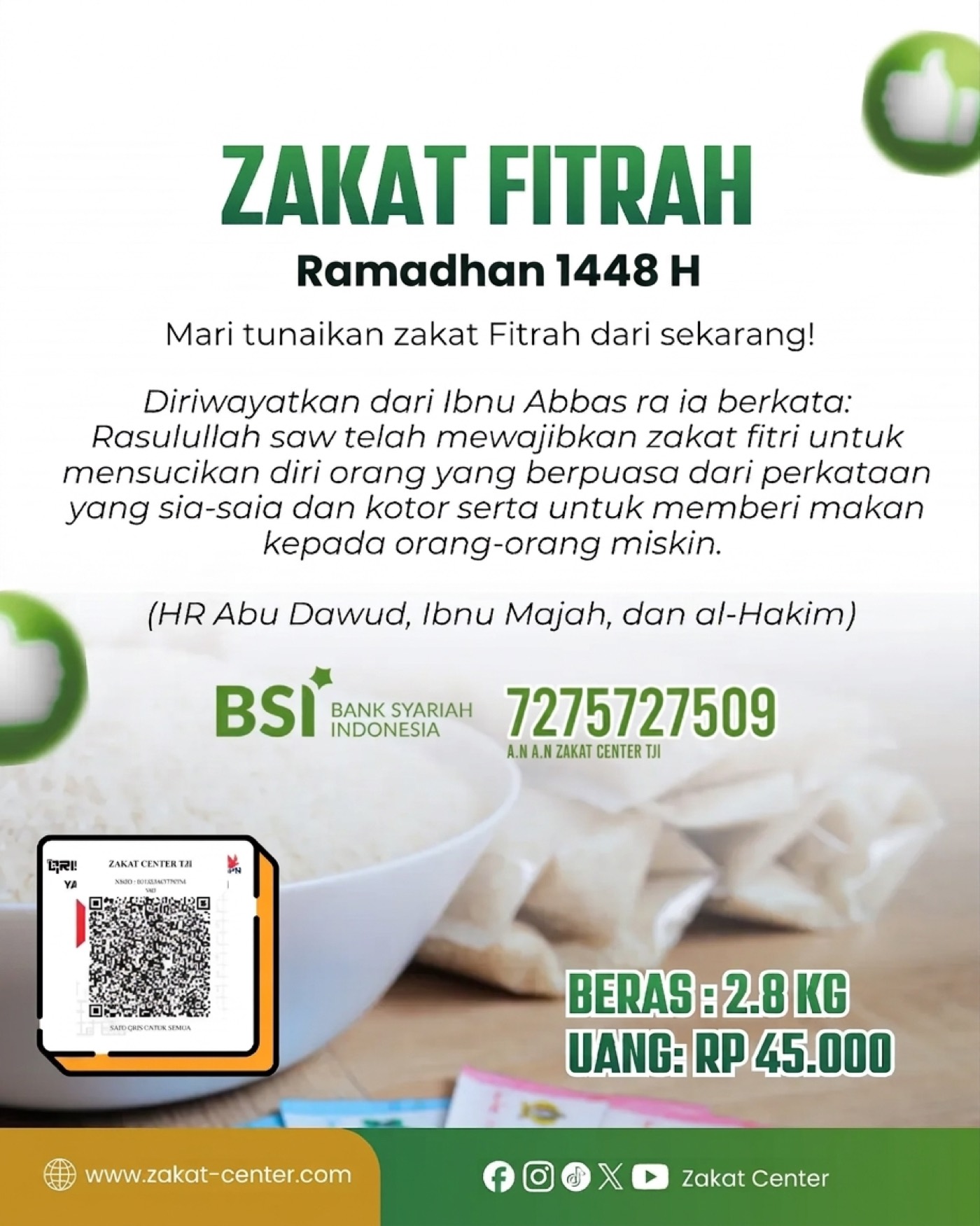 Poster Zakat Fitrah Ramadhan 1448 H, beras 2,8 kg atau uang Rp45.000.