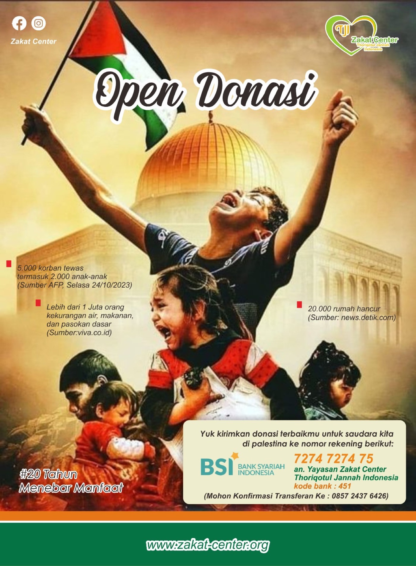 Ajakan donasi Zakat Center untuk saudara di Palestina.